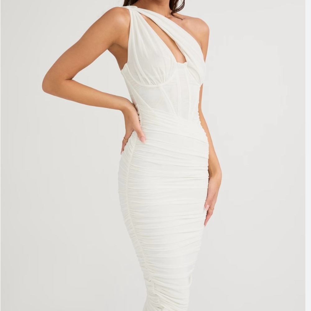 White One Shoulder Women's midi Dress.